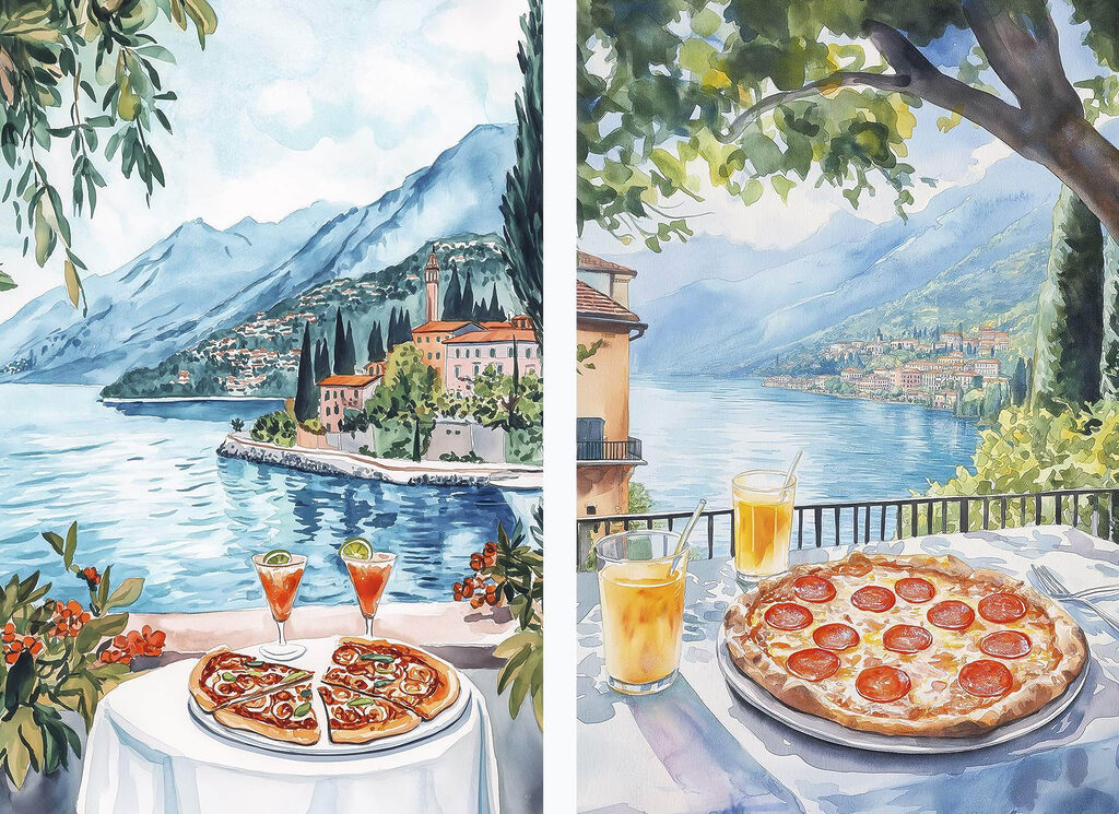 Pizza junto à água — design completo