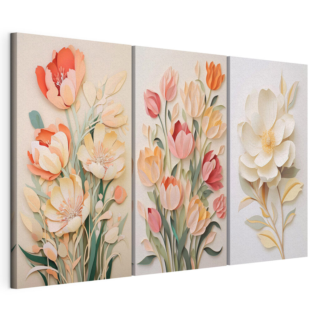 Flores pastel em camadas, tela esticada e borda contínua