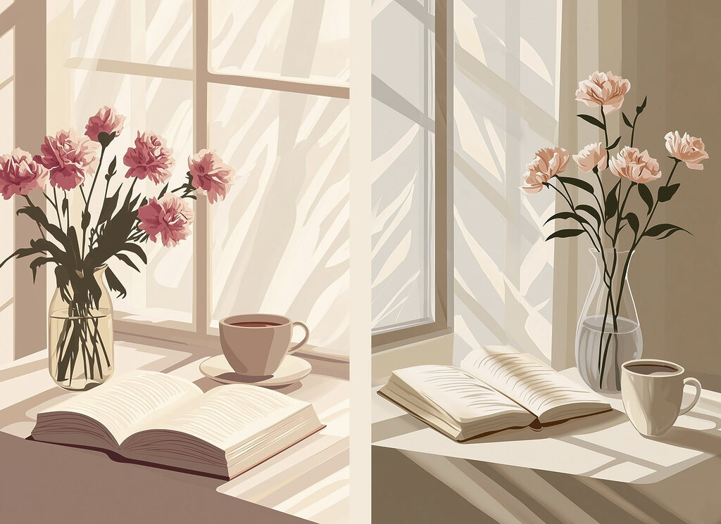 Livro entre vasos rosa — design completo