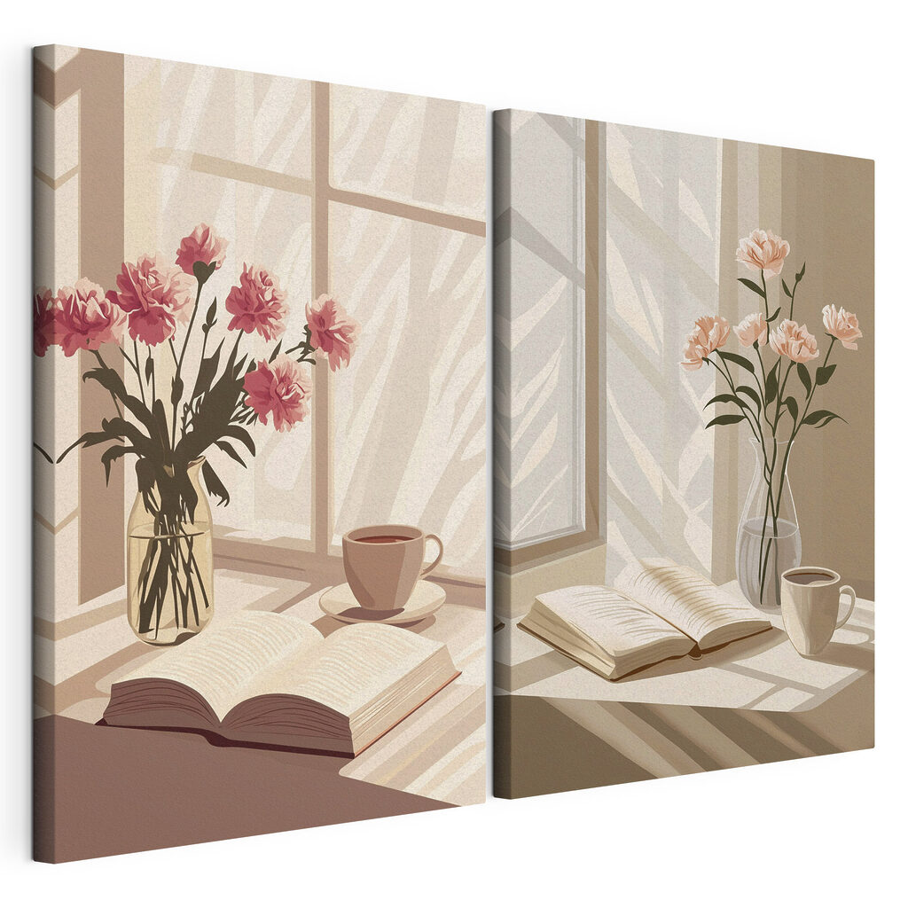 Livro entre vasos rosa, tela esticada e borda contínua