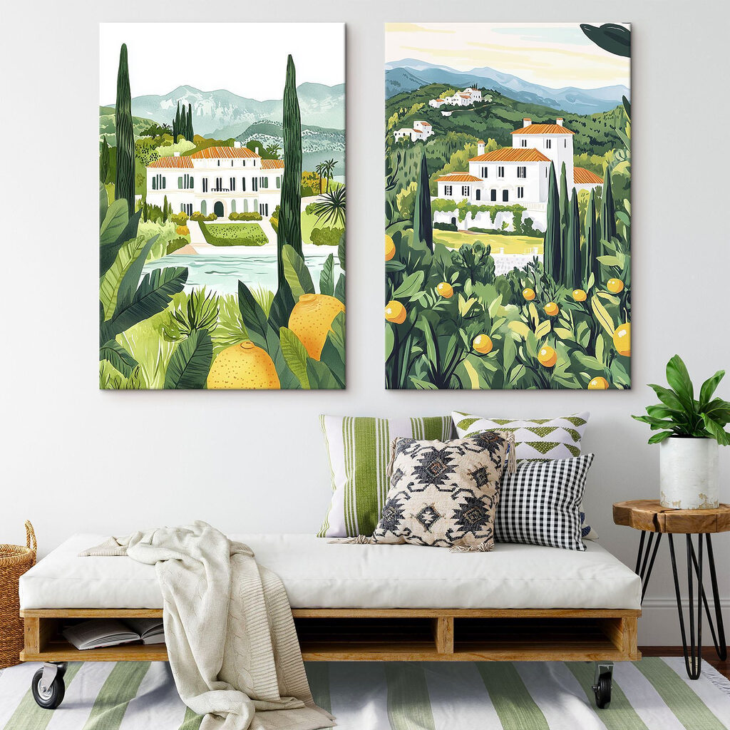 Casas entre as colinas num interior