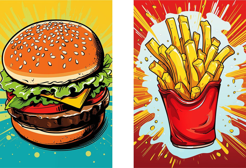 Hambúrguer e batatas fritas — design completo