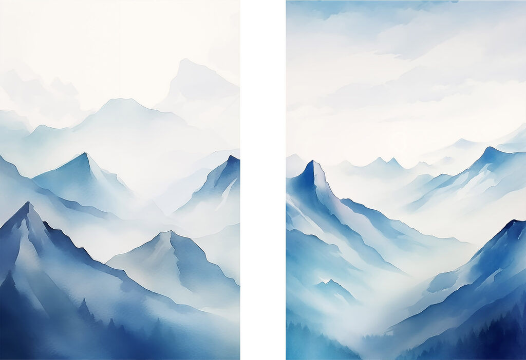 Montanhas em névoa azul — design completo