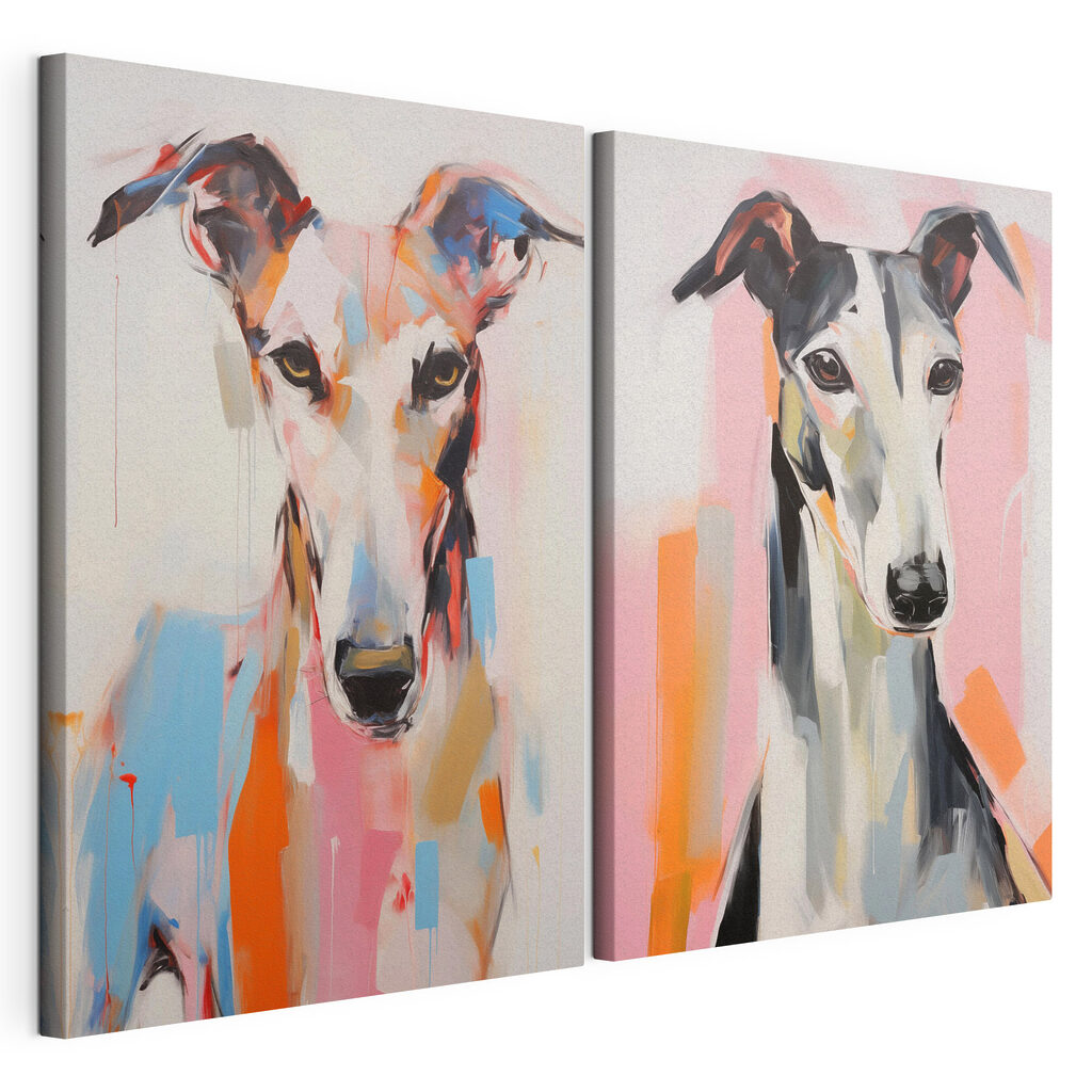 Galgos em cores, tela esticada e borda contínua