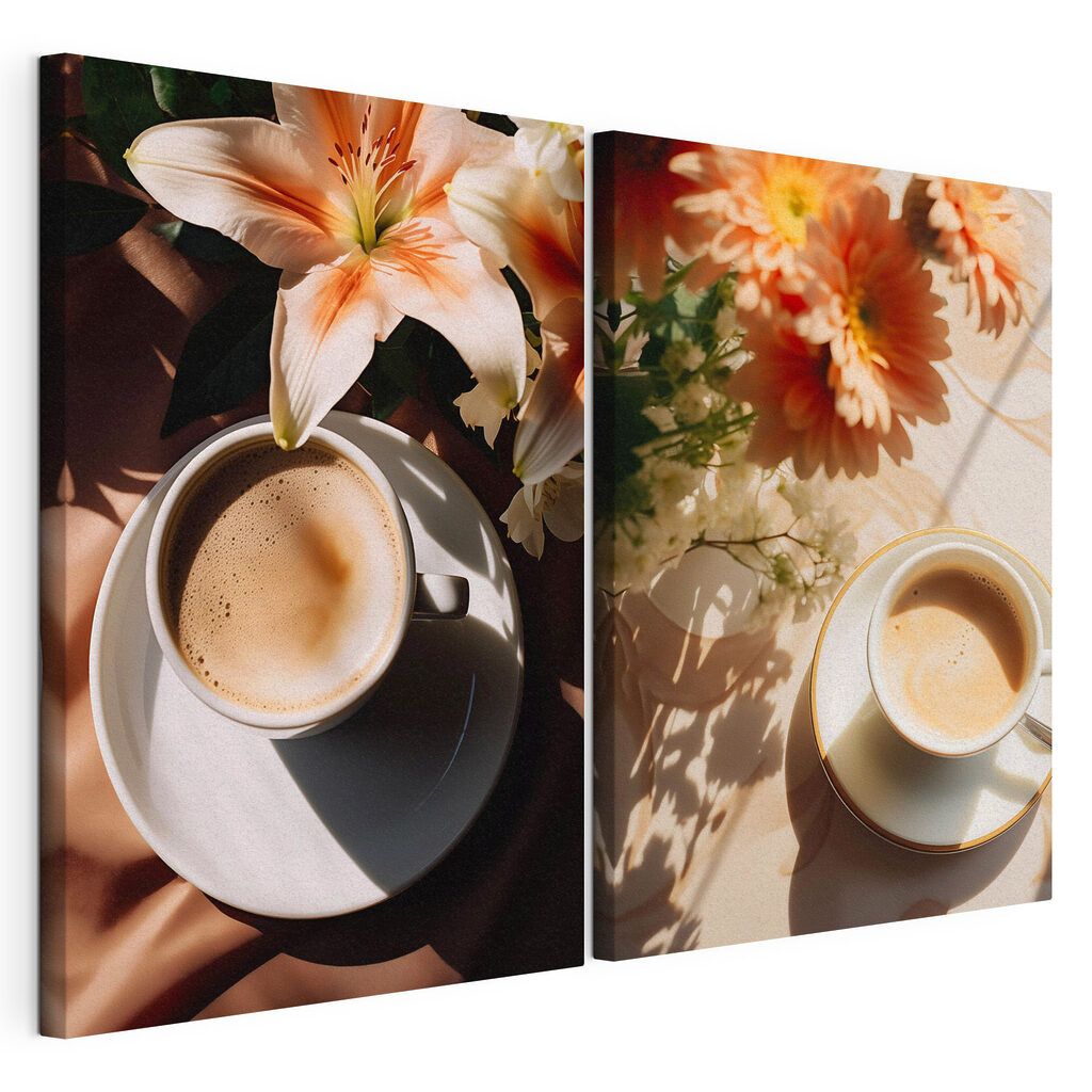 Chávena com flores, tela esticada e borda contínua