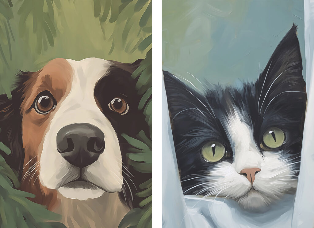 Cão e gato curiosos — design completo