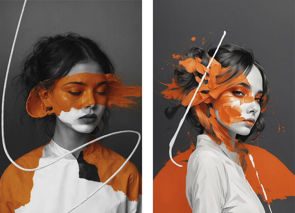 Rosto com tinta laranja — design completo