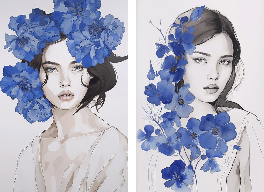 Retratos com flores azuis — design completo