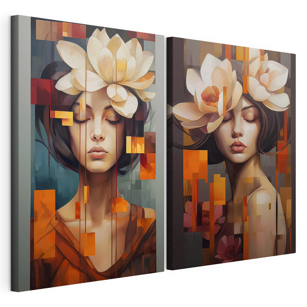 Flor sobre quadrados, tela esticada e borda contínua