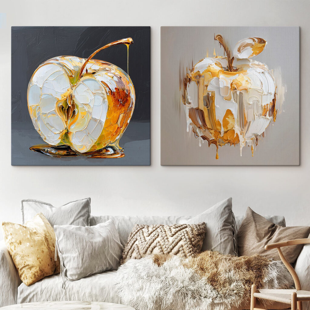 Maçãs em dourado num interior
