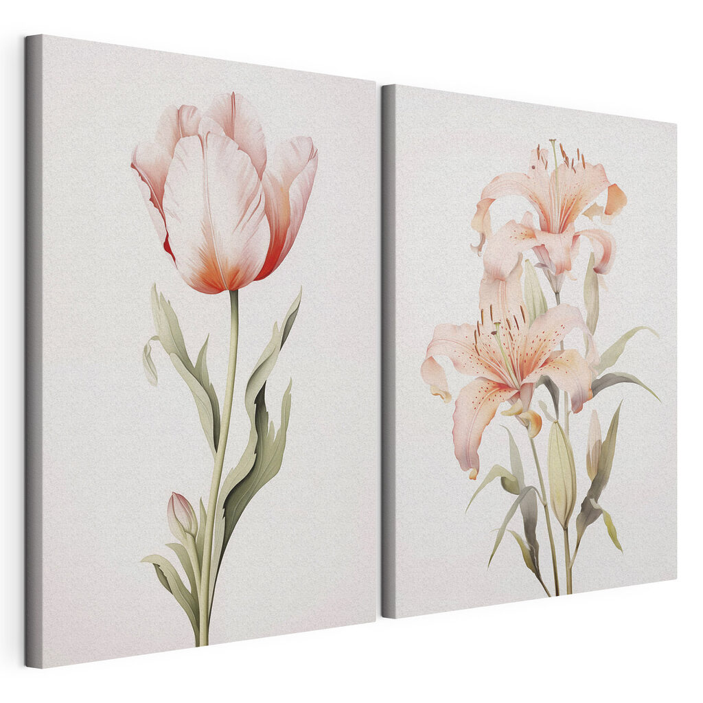 Tulipa e flores delicadas, tela esticada e borda contínua