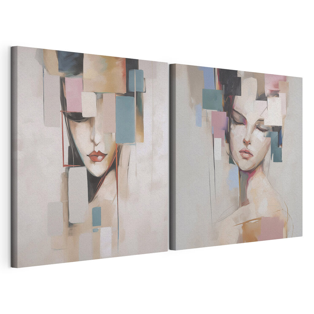 Mulher em tons pastel, tela esticada e borda contínua