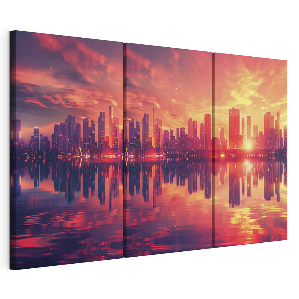Torres refletidas ao entardecer, tela esticada e borda contínua