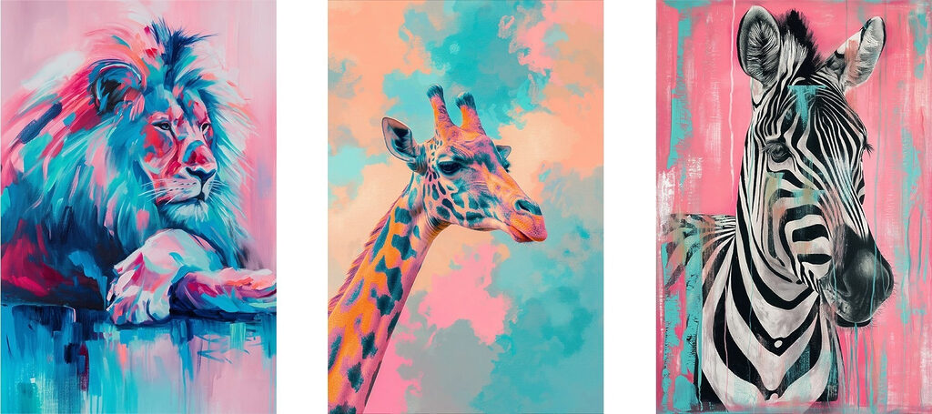 Leão, girafa e zebra — design completo