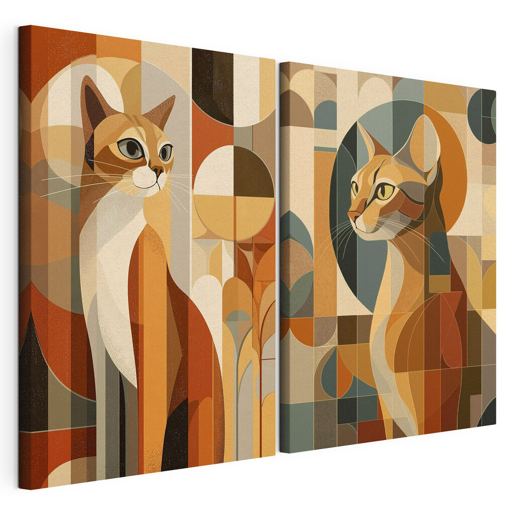 Gatos entre formas geométricas, tela esticada e borda contínua
