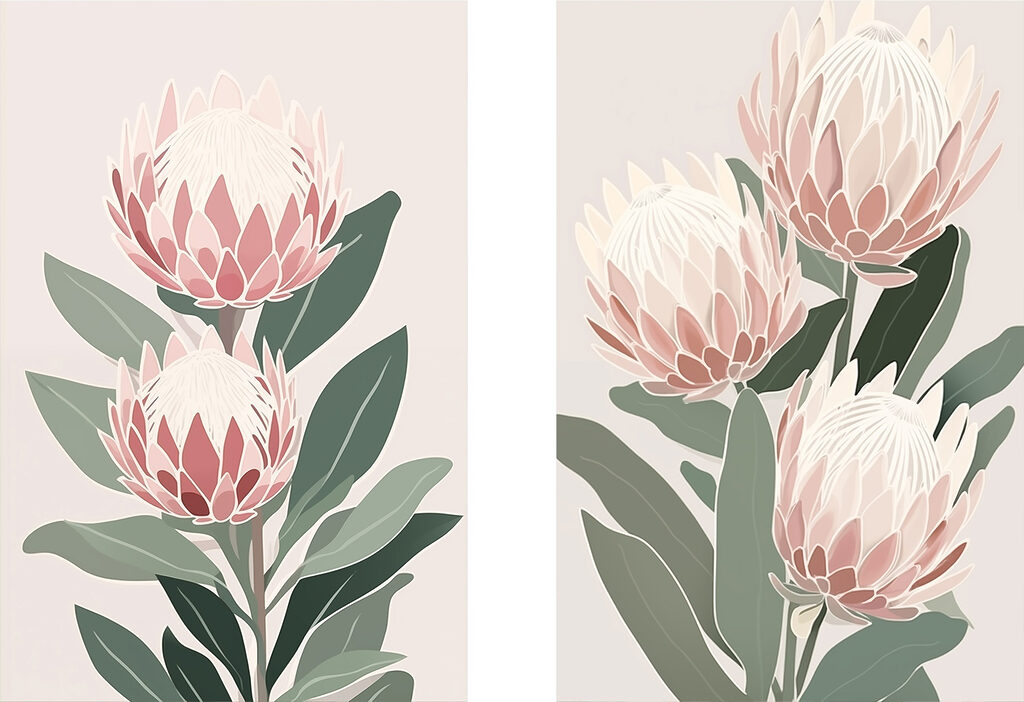 Proteas em tons pastel — design completo