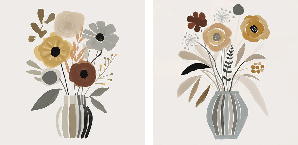 Flores em vasos riscados — design completo