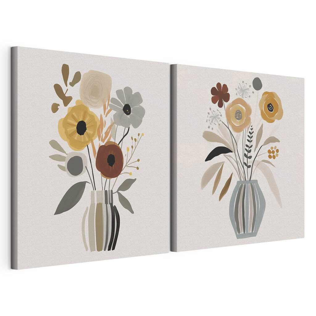 Flores em vasos riscados, tela esticada e borda contínua