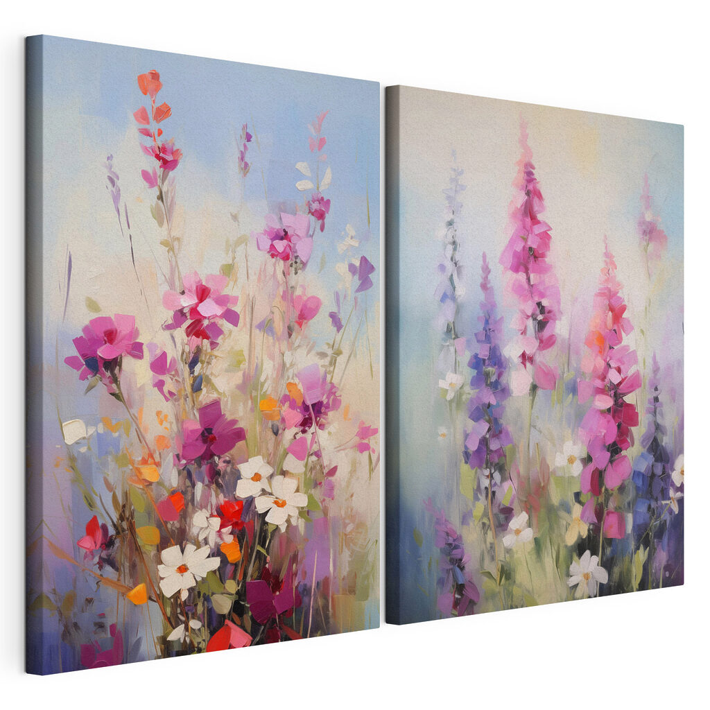 Prado de flores soltas, tela esticada e borda contínua