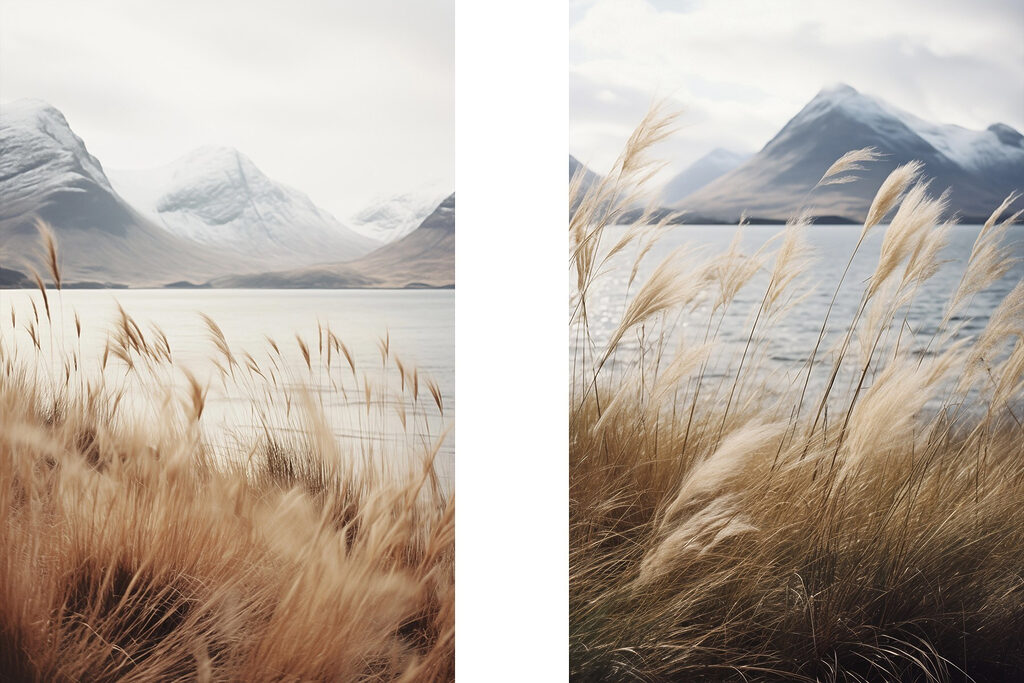 Lago entre montanhas nevadas — design completo