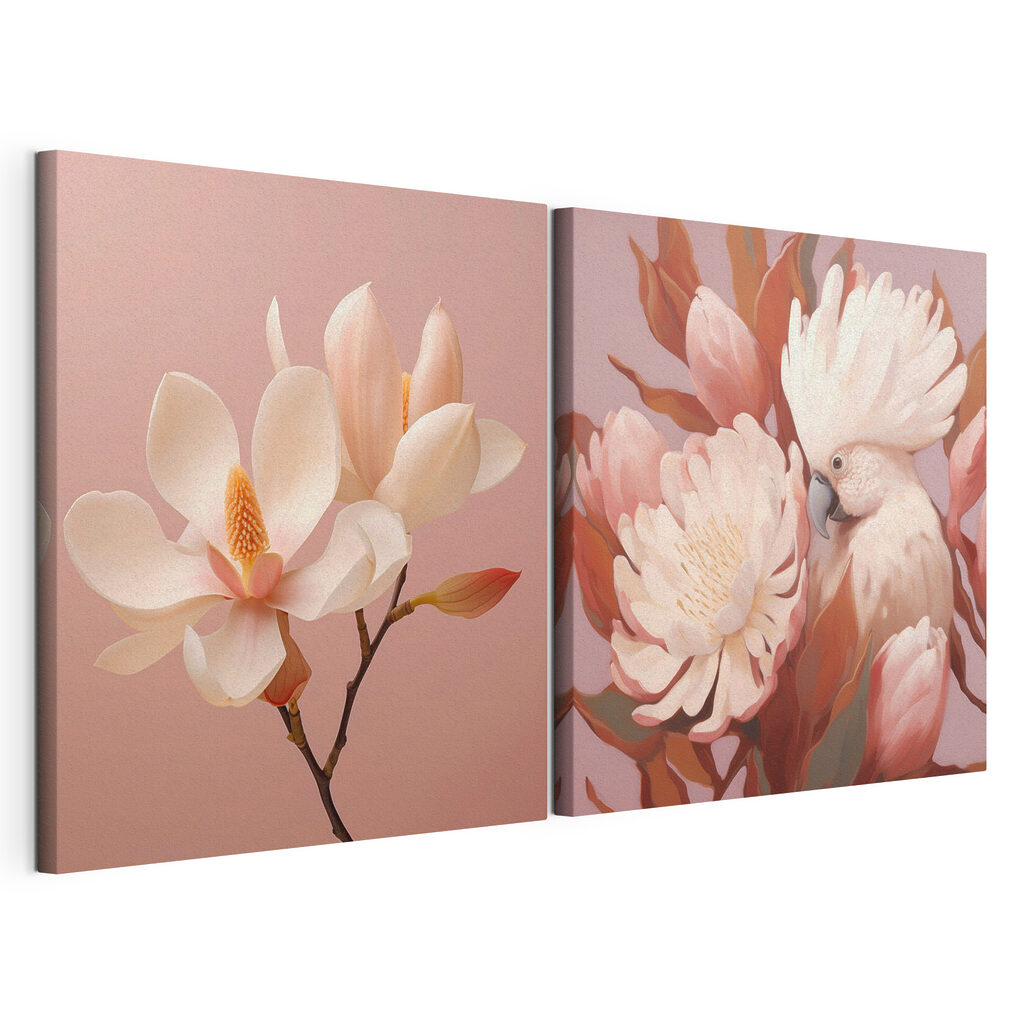 Flores e um passarinho, tela esticada e borda contínua