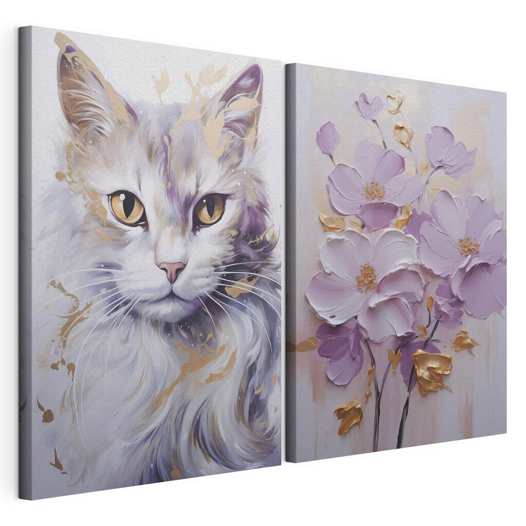Gato e flores, tela esticada e borda contínua