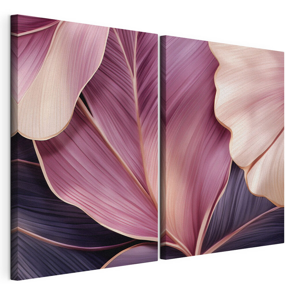 Folhas em tons rosados, tela esticada e borda contínua