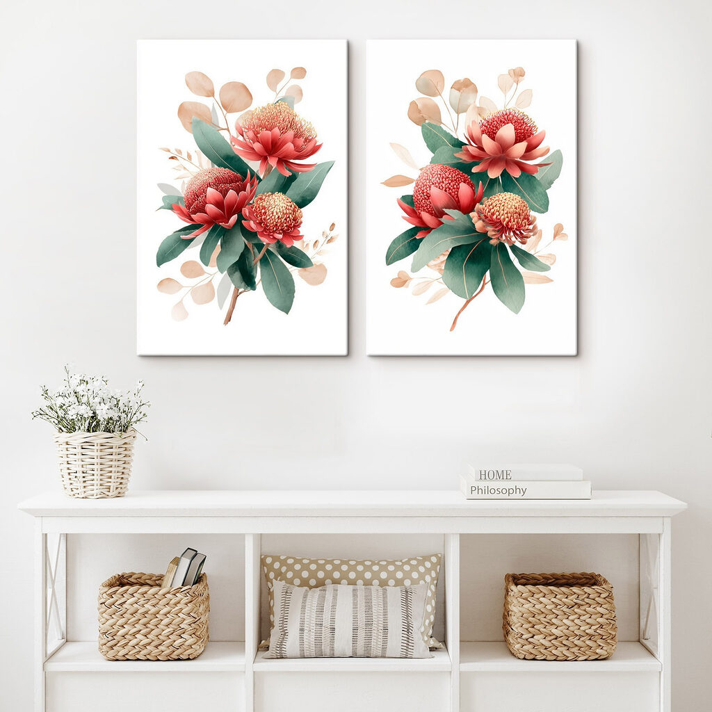 Flores vermelhas e folhagem num interior