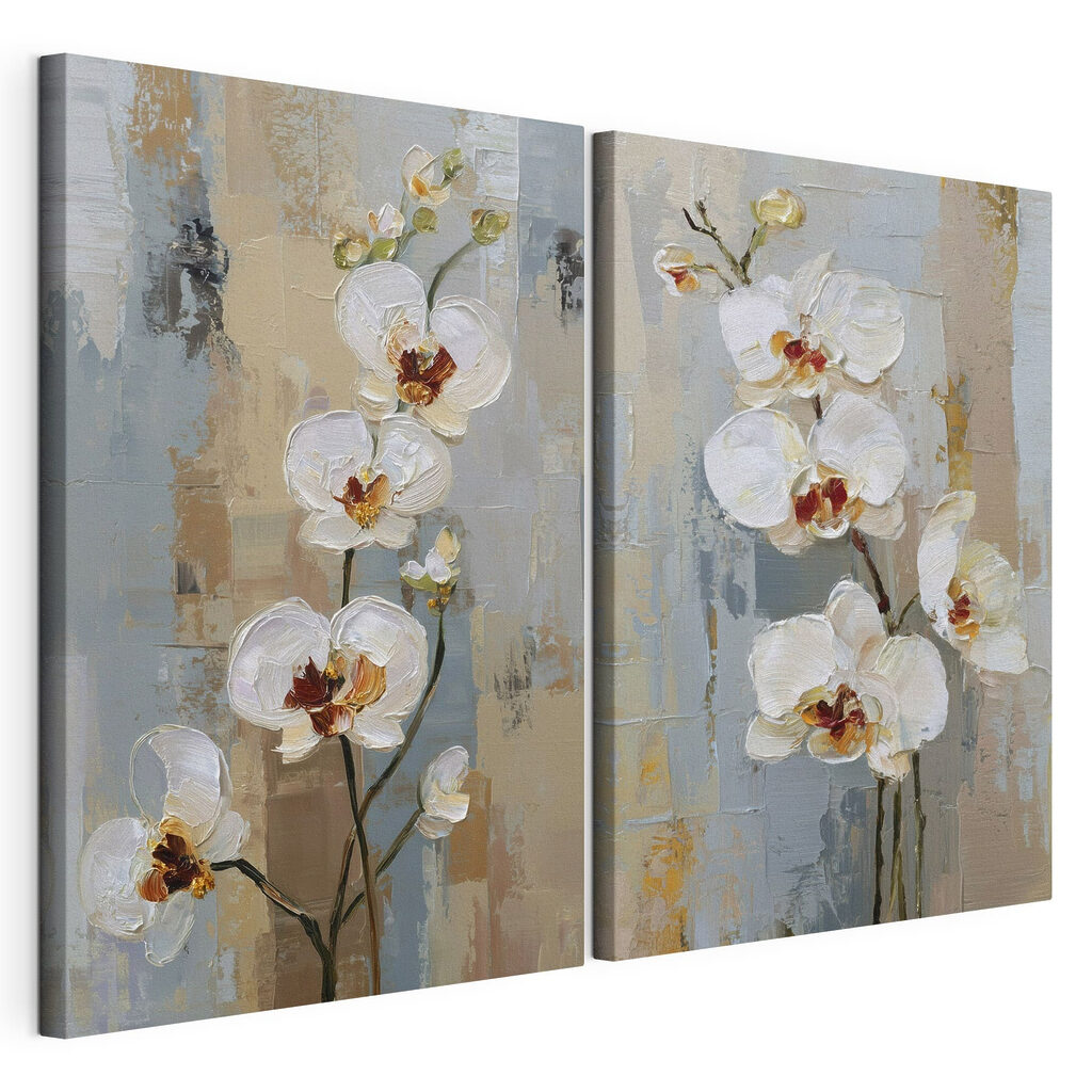 Pintura de flores brancas, tela esticada e borda contínua