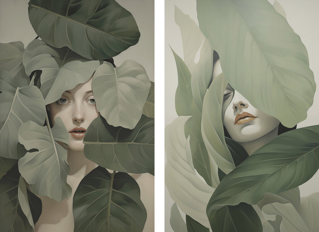 Mulher entre folhas — design completo