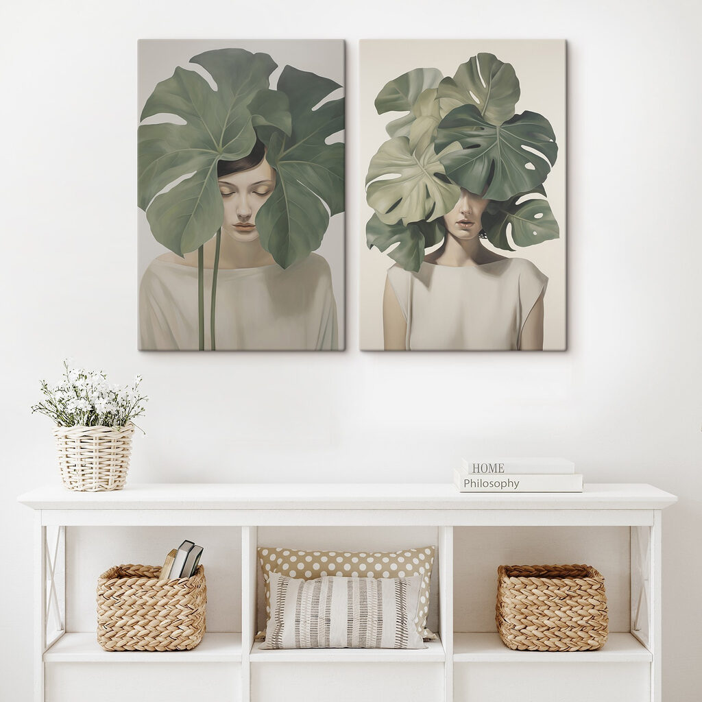 Folhas sobre a cabeça num interior