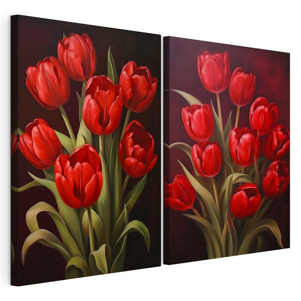 Tulipas vermelhas em flor, tela esticada e borda contínua