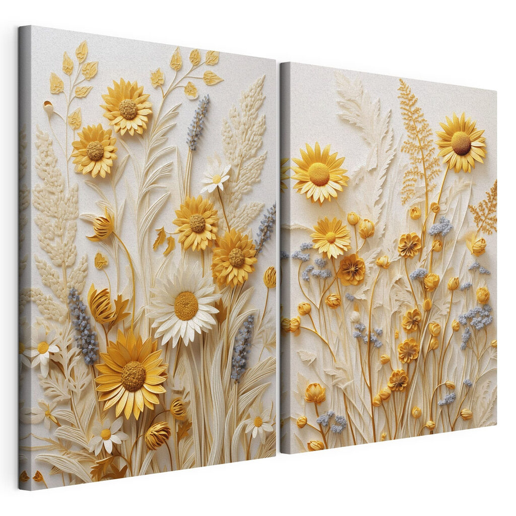 Flores silvestres amarelas, tela esticada e borda contínua
