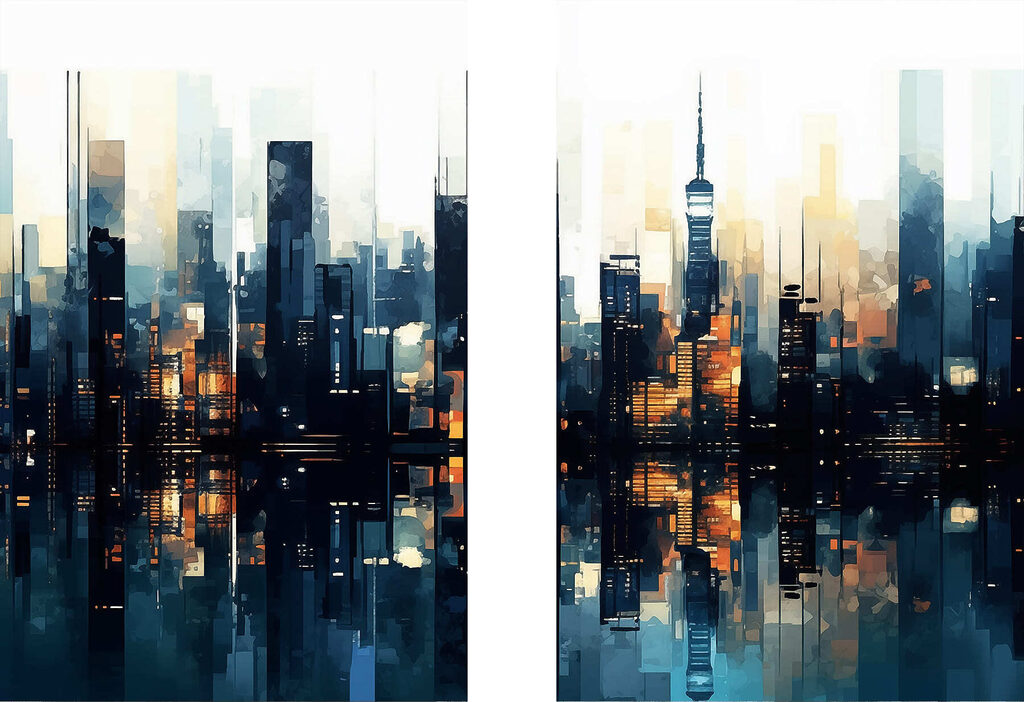 Cidade iluminada na água — design completo