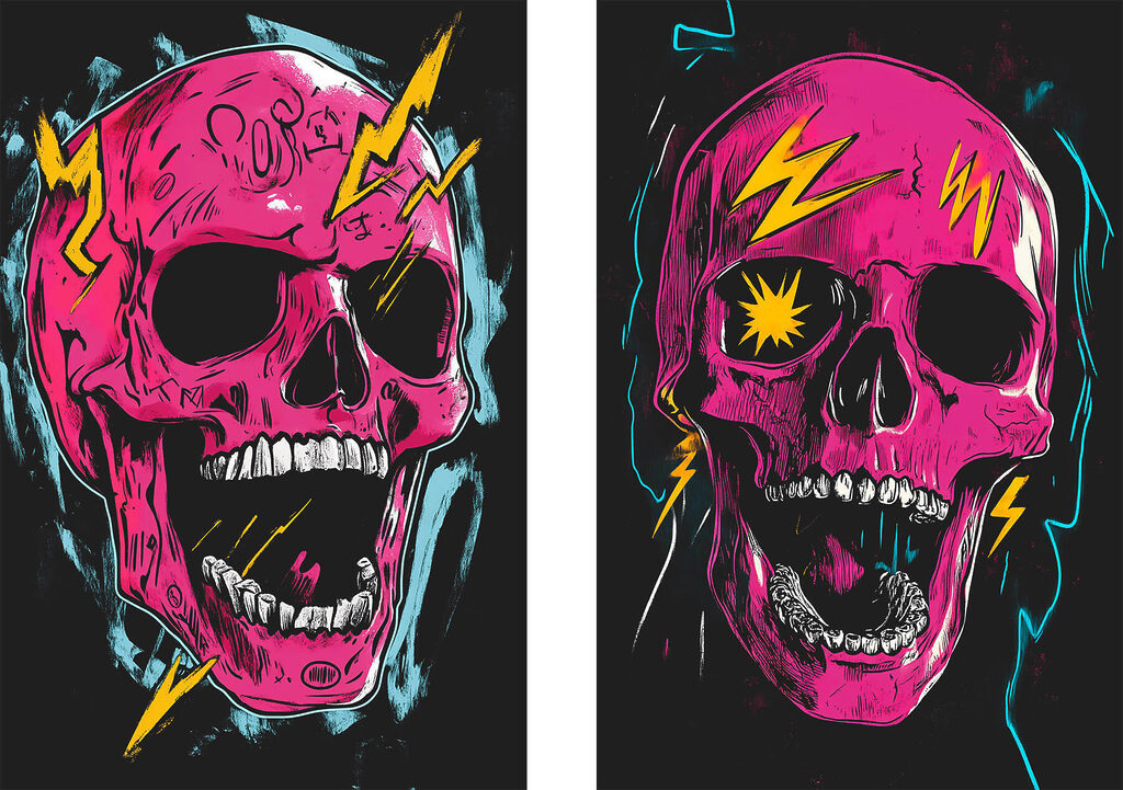 Caveira rosa com relâmpagos — design completo