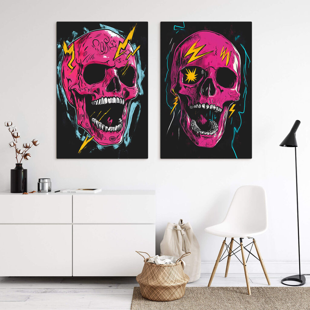 Caveira rosa com relâmpagos num interior
