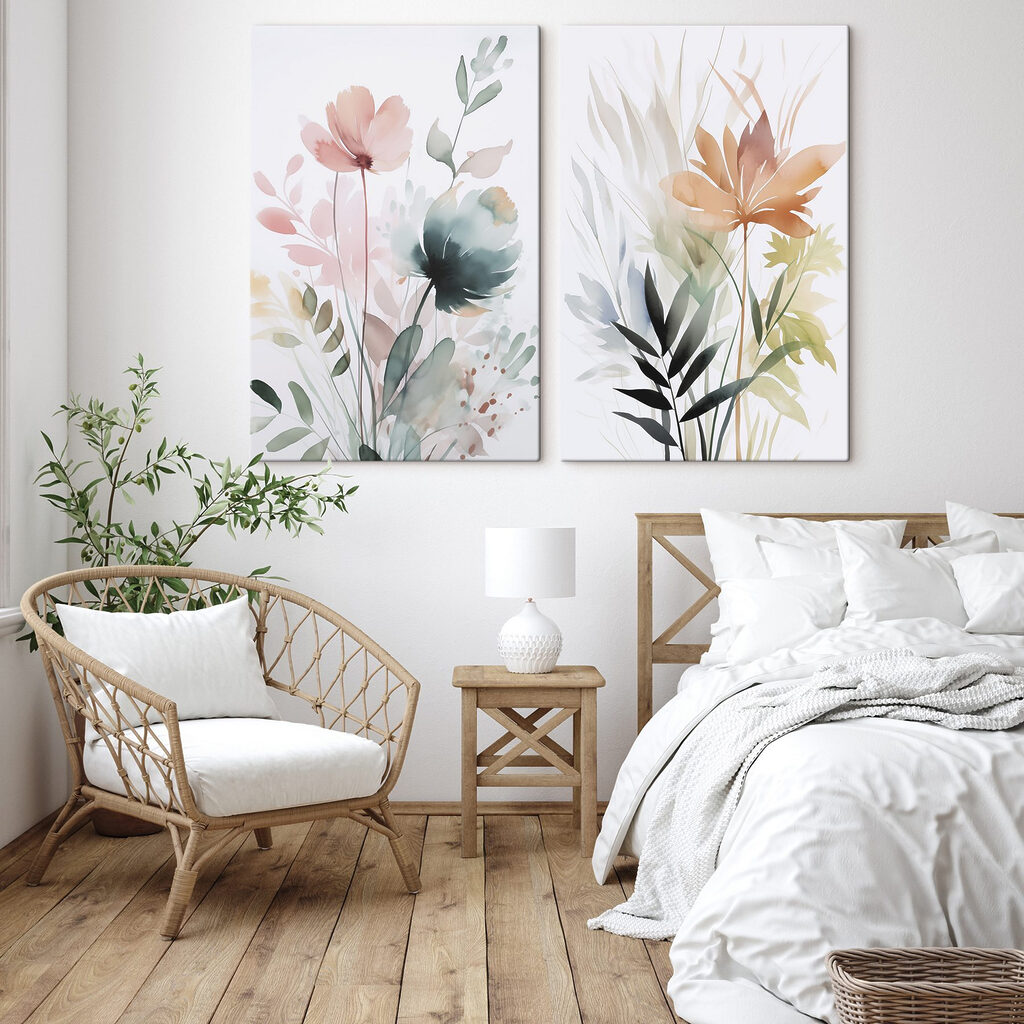 Pintura floral com folhas num interior