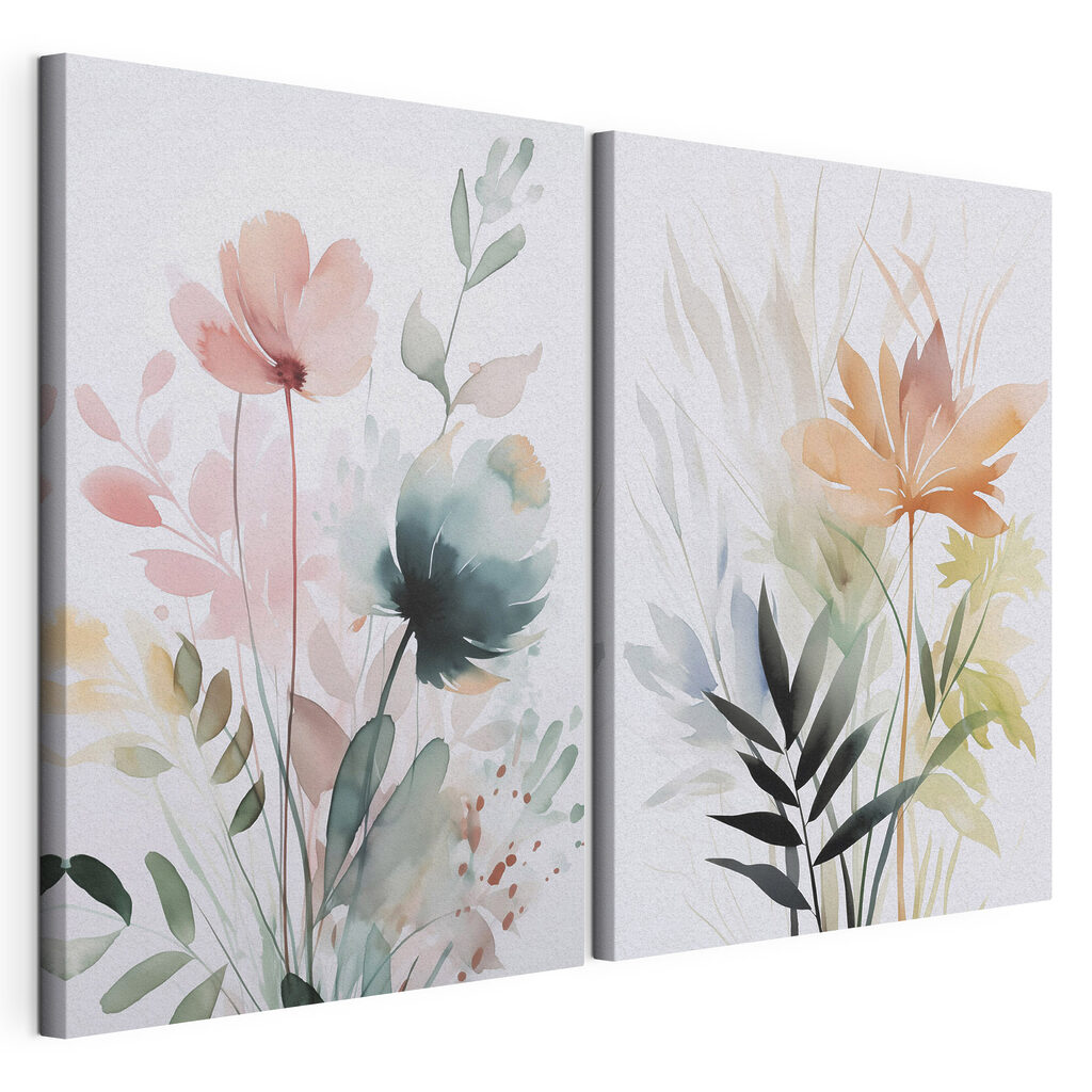 Pintura floral com folhas, tela esticada e borda contínua
