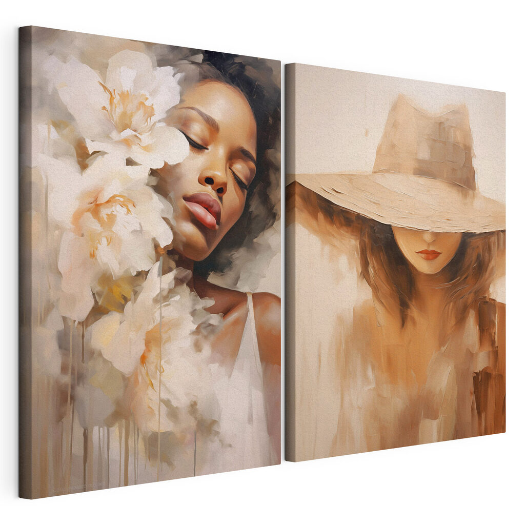 Mulher em pintura, tela esticada e borda contínua