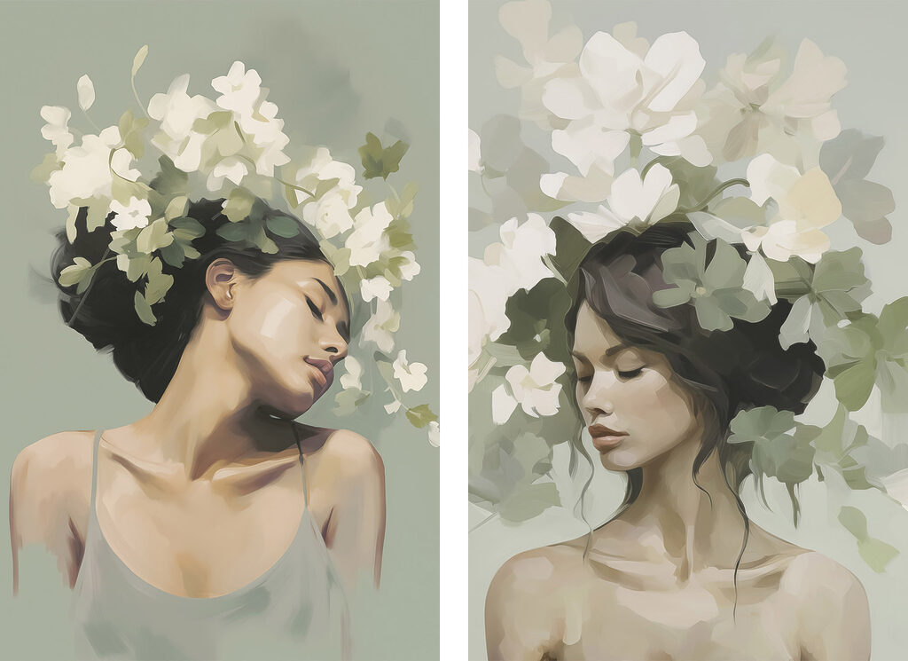 Retratos com flores brancas — design completo