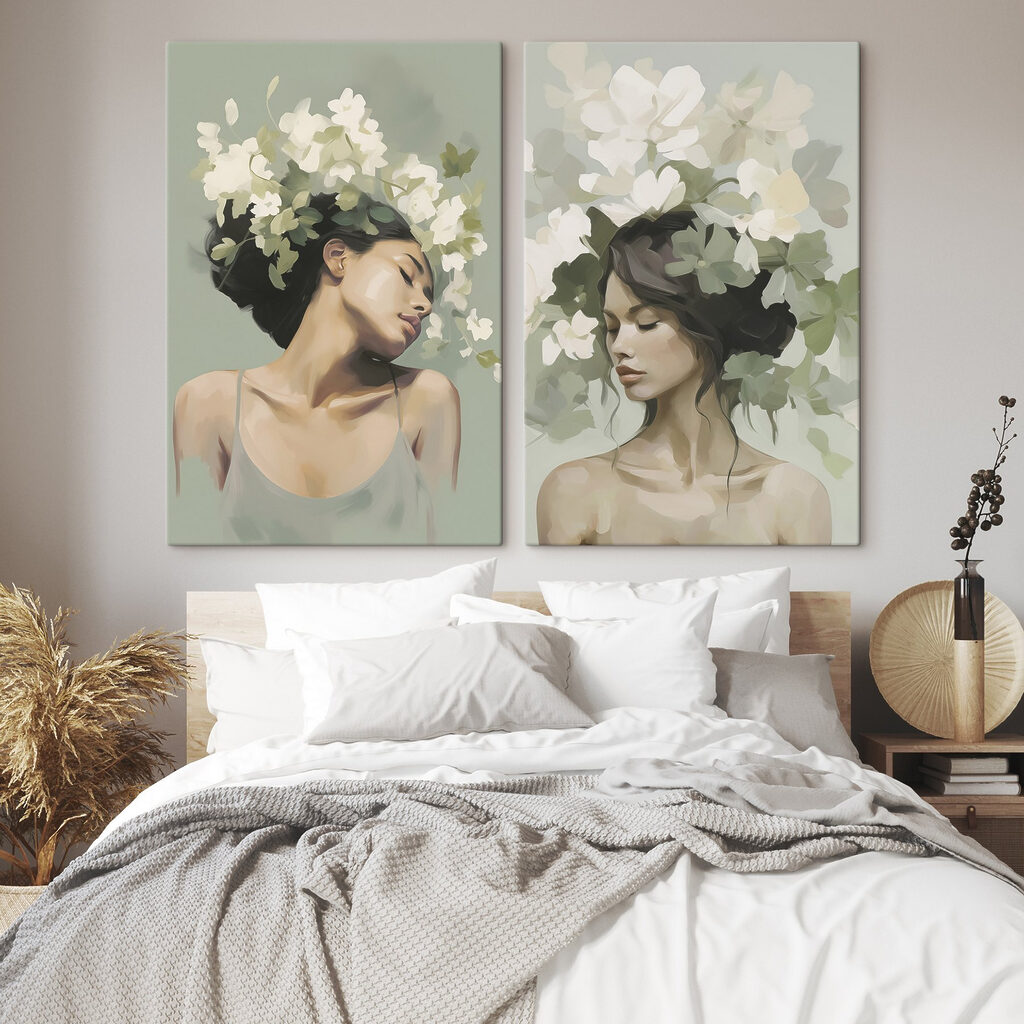 Retratos com flores brancas num interior