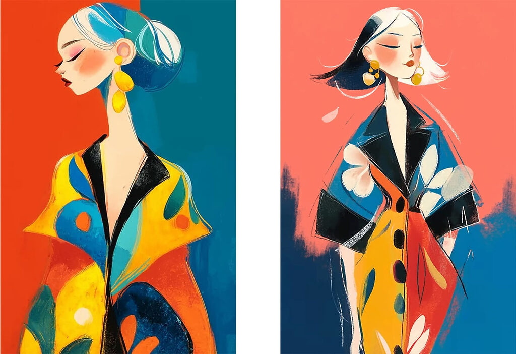 Mulher em casaco colorido — design completo