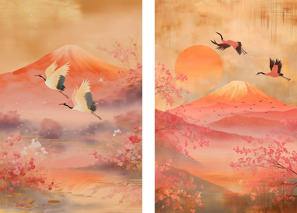 Aves sobre montanhas vermelhas — design completo