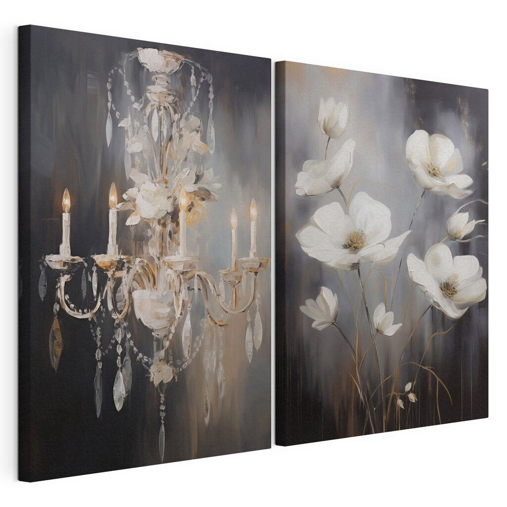 Flores e lustre, tela esticada e borda contínua