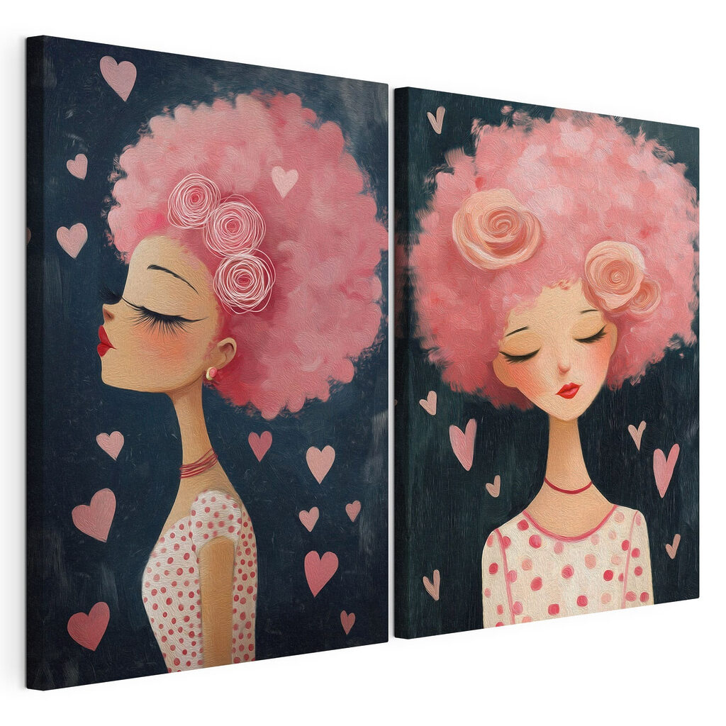 Mulher de cabelo rosa, tela esticada e borda contínua