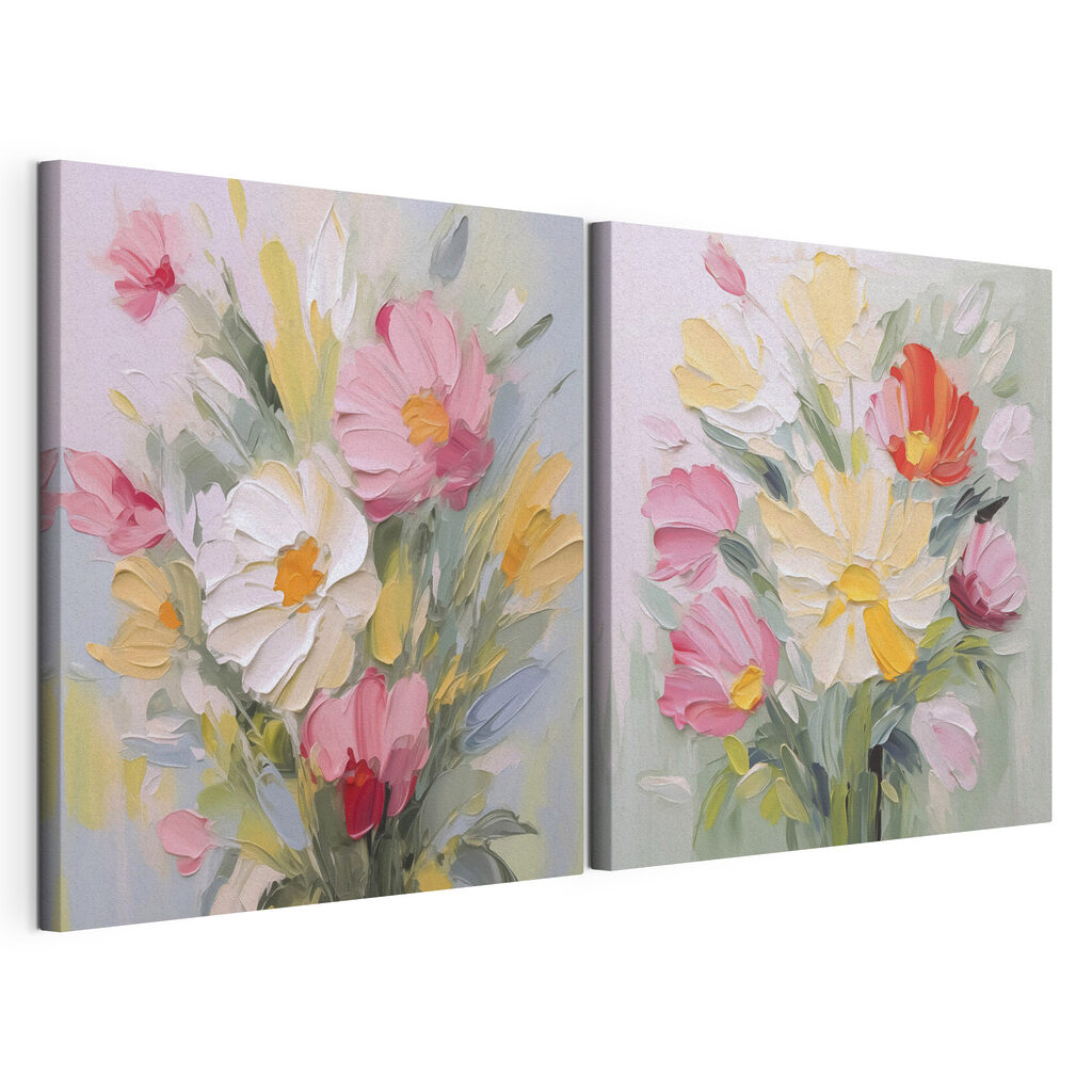 Flores soltas em pastel, tela esticada e borda contínua