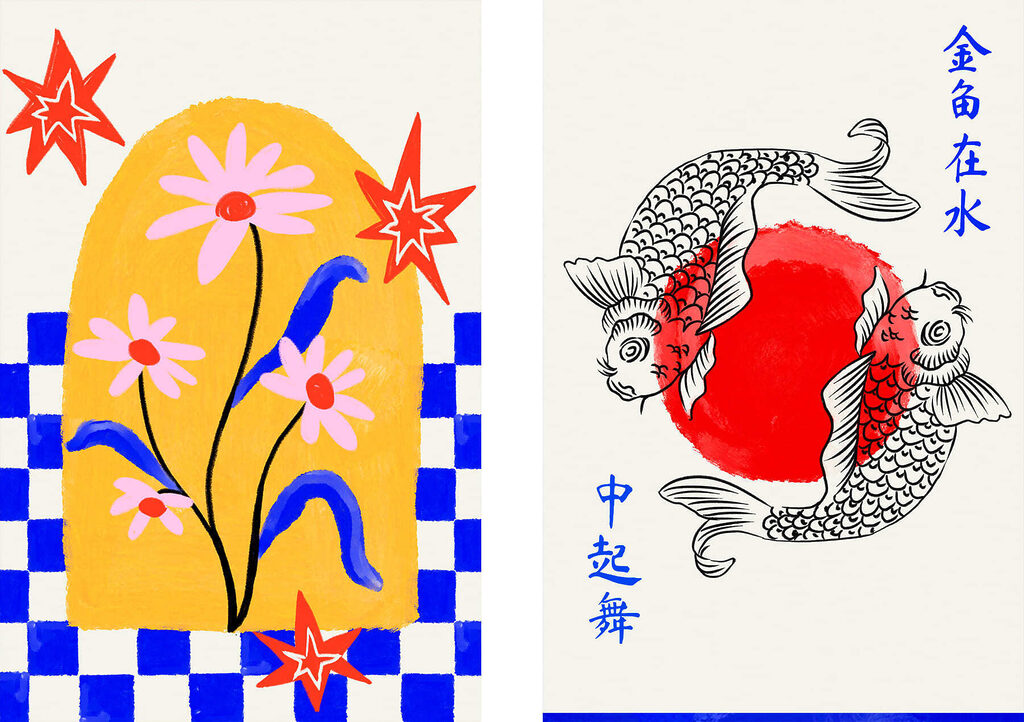 Flores e carpas koi — design completo