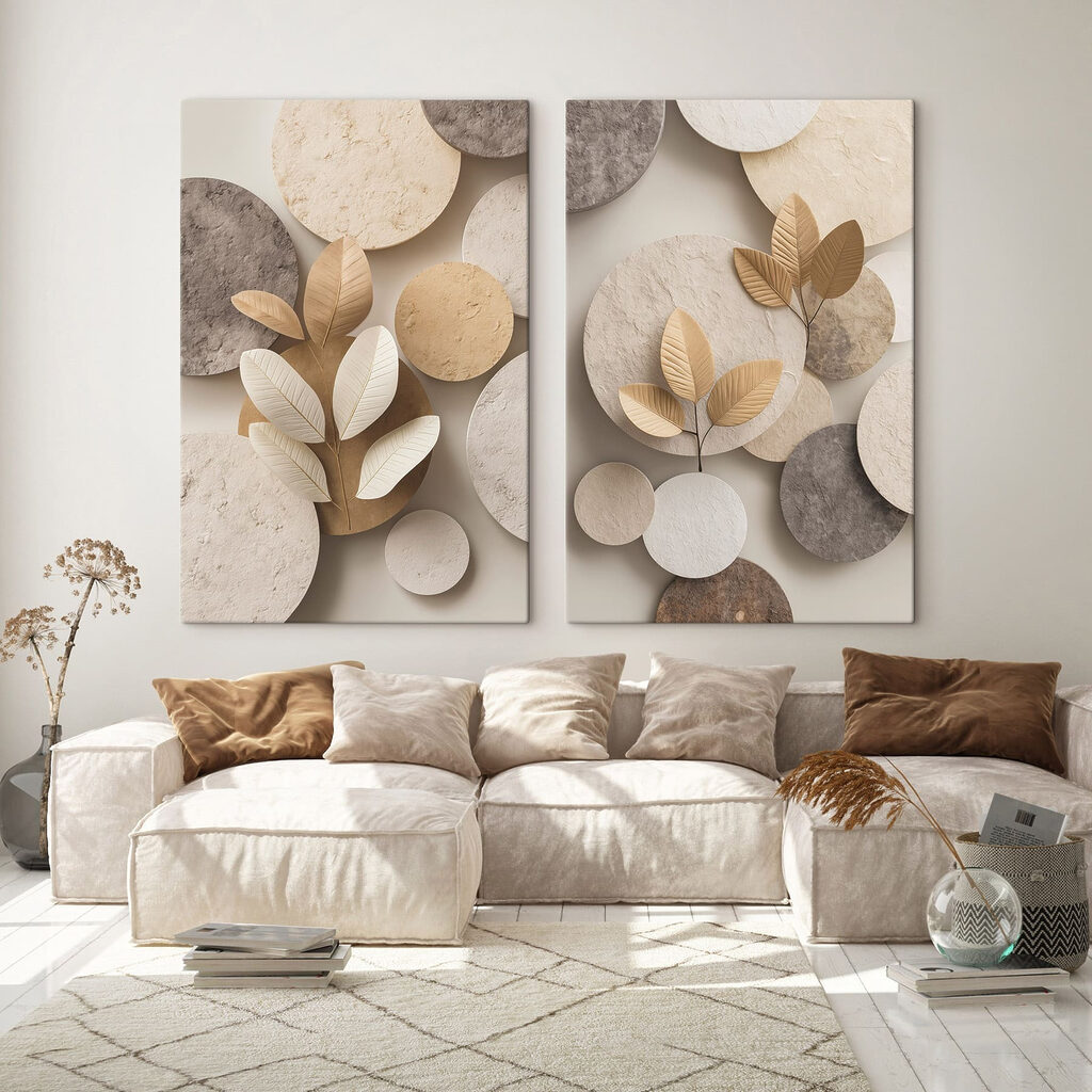 Folhas entre formas redondas num interior