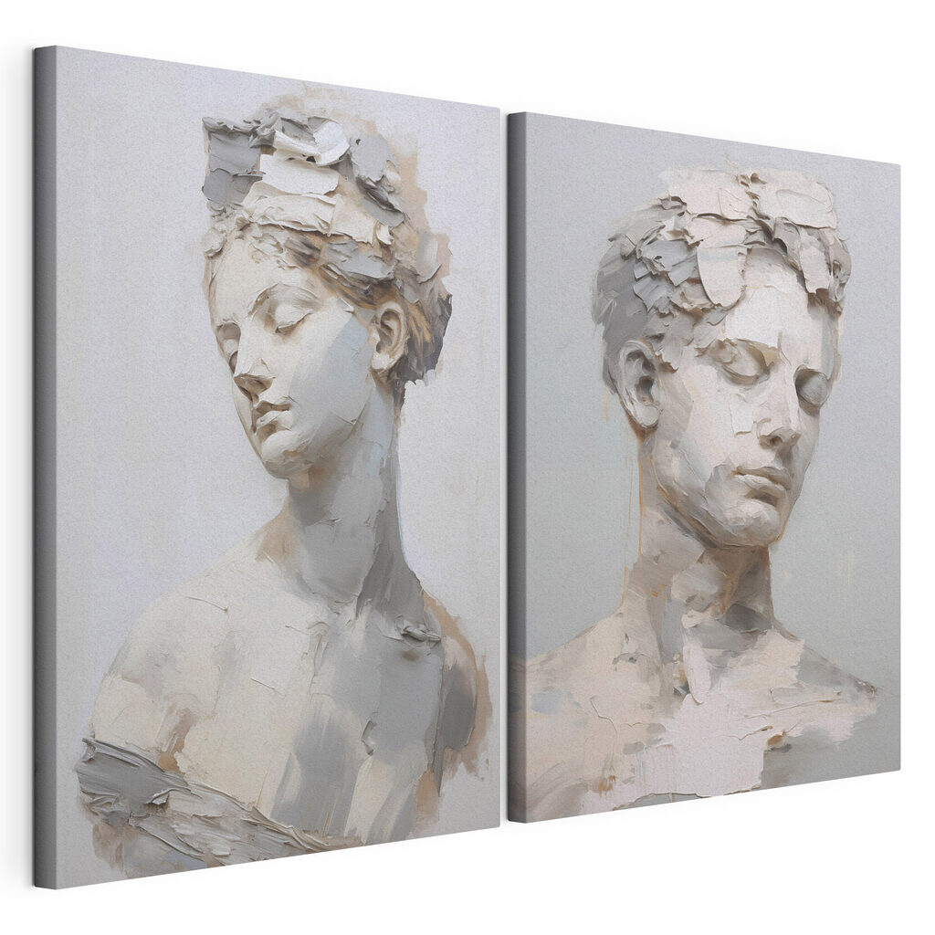 Rostos como escultura, tela esticada e borda contínua