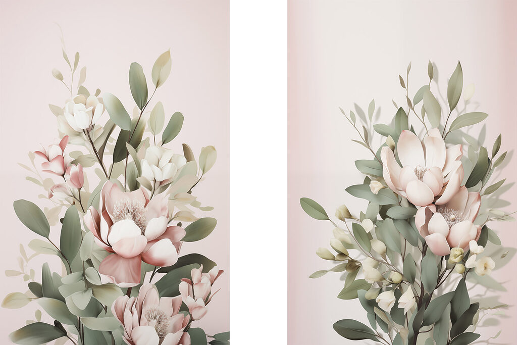 Flores rosa entre folhagem — design completo